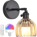 Vintage Battery Operated Wall Sconce with Amber Tulip Glass Lampshade Rechargeable Battery Powered Black Wall Light with Remote Control for Bedside Bedroom Doorway