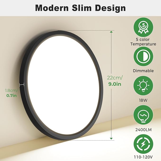 zemty 1Pack LED Flush Mount Ceiling Light, 9Inch 18W Dimmable Ceiling Lights Fixture, 5 Color Temperatures (3000K-6500K) Black Round Ceiling Lamp for Bedroom, Kitchen, Hallway,Bathroom