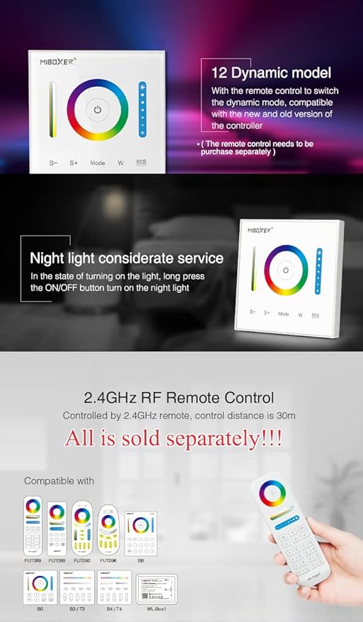 LGIDTECH P3 Wall-Mounted Full Touch Panel Controller for 3528 5050 2835 RGB RGBW RGB+CCT Dimmable Color Changing LED Strip Lighting DC 12-24V 10A 120W 240W.Support Voice and DMX512 Control