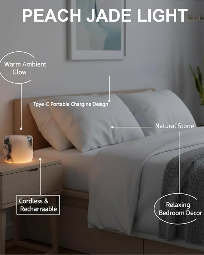 Marble Touch Light Onyx Stone Eye-Caring Type-C Dimmable Desk LED Bedside Table Lamp with Unique Peach Jade Texture Rechargeable Small Ambient Tap Night Lights Cordless for Bedroom Decor