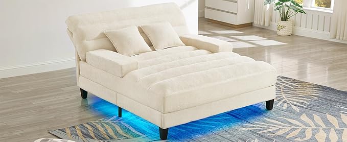 LifeSky Adjustable Chaise Lounge Sofa: 6-Position Reclining Sofa Bed with Smart LED Lighting - 60,000+ Color App-Controlled RGB Light Strip for Living Room & Apartment - Soft Chenille Upholstery Beige