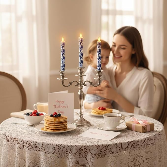 Chinoiserie LED Candles Remote Candlesticks-10inches Blue and White Battery Operated Candles Timer Floral LED Taper Candles Lights for Home Wedding Tea Party Windows Decor-RC2PC-BLUWHT