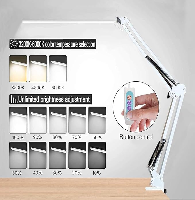 AVIMYA LED Desk Lamp,Adjustable Swing Arm Desk Lamp with Clamp,Dimmable Desk Light Eye-Care Table Light, Memory Function, 5 Color Modes, 7-Level Brightness Table Lamp for Home, Office, Study, Reading