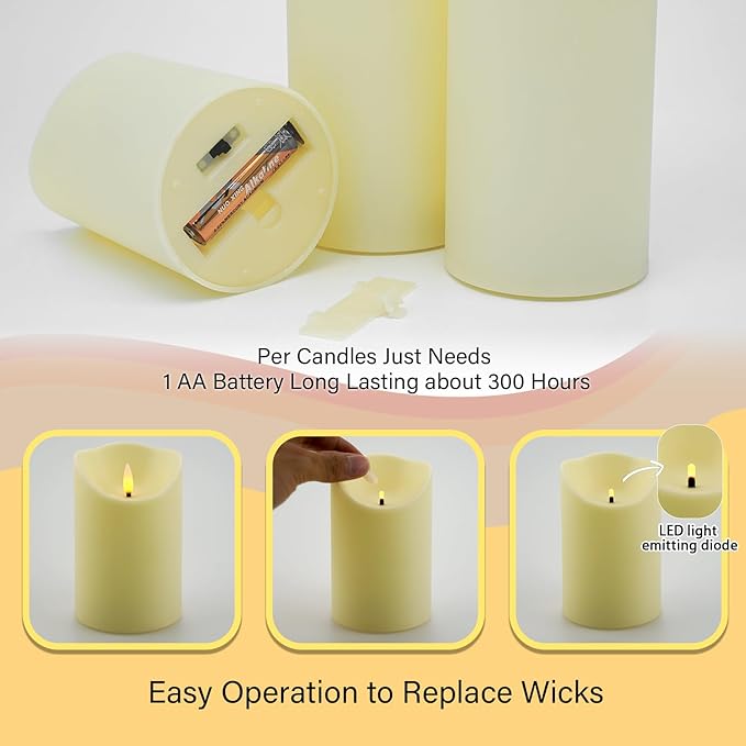 Flameless Candles with Remote, Battery Operated Flickering Flameless Candles, LED Candles with Timer 2/4/6/8H, with Realistic LED Candles Set of 9 (D3 x H 3" 4" 5" 6" 7") (Ivory)