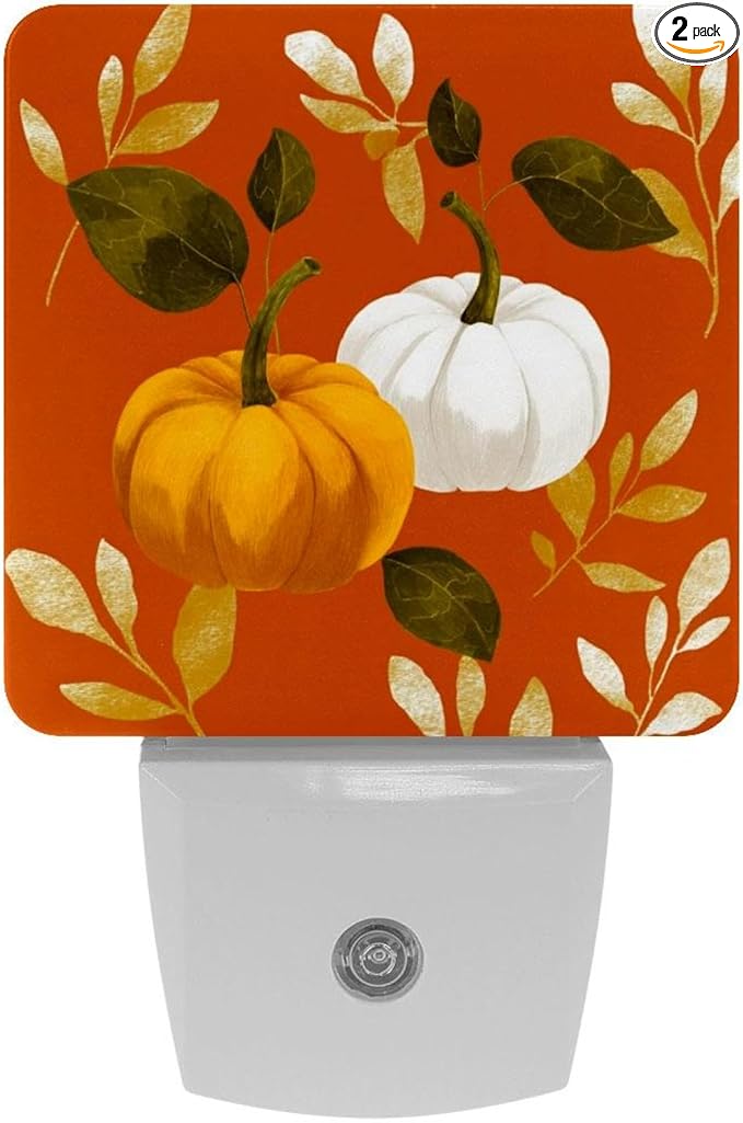 Thanksgiving Pumpkins a LED Night Light, Plug-in, Dusk-to-Dawn Sensor, Home Décor, Ideal for Bedroom, Bathroom, Nursery, Kitchen, Basement, 2 Pack