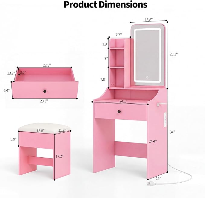 DUMOS Makeup Vanity Desk, Vanity Table Set with Mirror and Lights, Small Vanity with Storage Bench, Charging Station and Hair Dryer Holder, Dressing Table with Drawer and Three Shelves, Pink