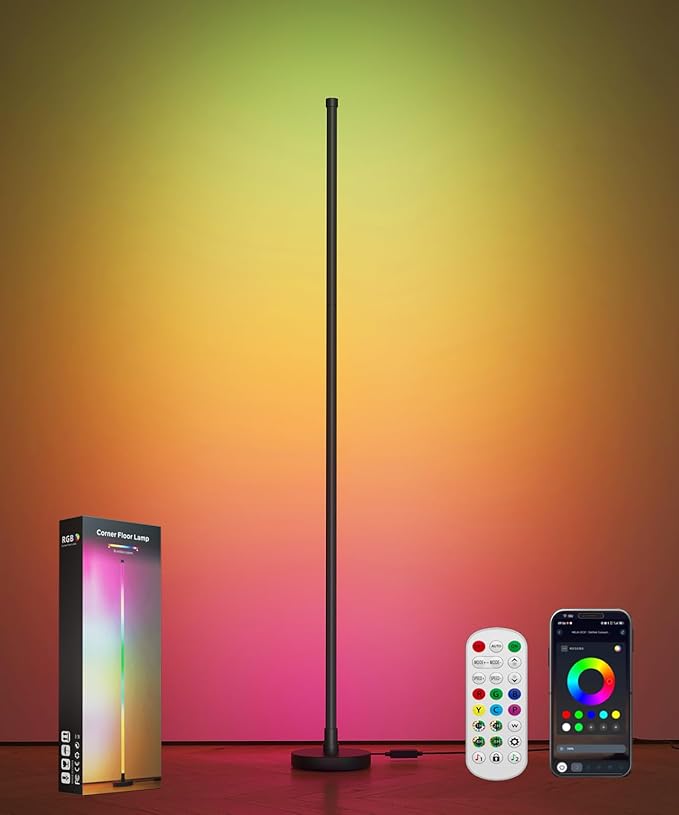 Smart RGB LED Corner Floor Lamp, Color Changing Standing Lamp with 16 Million Colors, Music Sync Ambient Lighting,Remote & App Control Modern Floor Lamp for Living Room, Bedroom, Gaming Room Decor