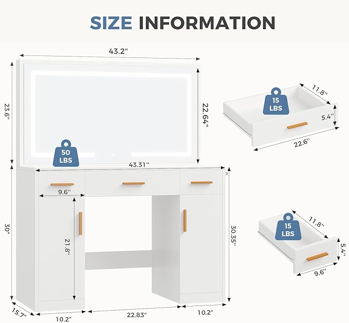 DUMOS Vanity Desk Makeup with Mirror LED Lights, White Table with Power Outlet 3 Drawer & 2 Cabinets, 3 Lighting Modes & Adjustable Brightness, Dressing Tables for Bedroom