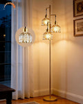 Gold Floor Lamps for Living Room, 3-Light Dimmable Floor Lamp with Brown Glass Shade& E12 Bulbs Included, 65'' Mid Century Tall Standing Lamp for Bedroom/Sofa Beside/Corner Decor