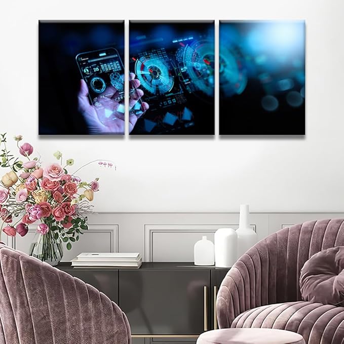 Multi Panel Large Wall Art Wireless Mobile Internet Technology 5G LTE Data Connection Pictures Print On Canvas for Living Room Decoration, Wooden Framed Ready to Hang, 12x16inchx3