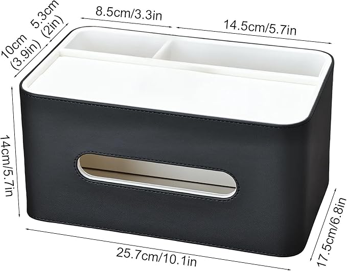 PU Leather Tissue Box Cover Rectangular with Storage Organizer Tray, Multifunctional Remote Control Holder, Desk Organizer for Living Room, Bedroom, Office, Decorative Tissue Holder Black