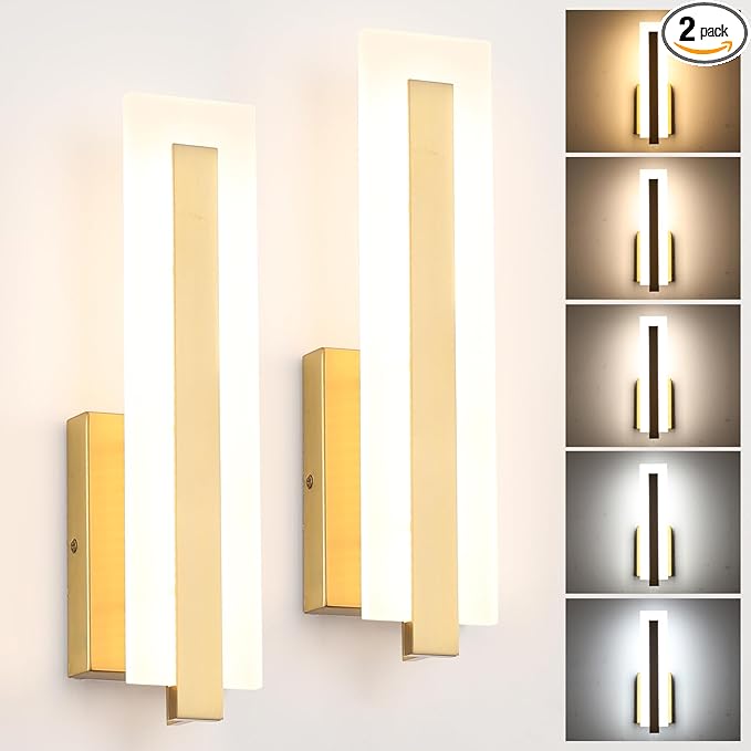Tipace Hardwired Brass Dimmable Modern LED Wall Sconce 2 Packs 3000K 3500K 4000K 5000K 6000K Indoor Wall Lights Up and Down Wall Mount Light for Living Room Bedroom Hallway Corridor(5CCT)
