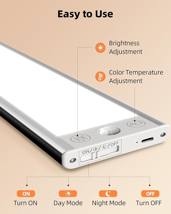 EZVALO 3000mAh Under Cabinet Lighting, 150LM Utral Bright Motion Sensor Light, Rechargeable Magnetic Under Counter Lights for Kitchen, Dimmable Closet Light with 3-Inch Ultra-Wide Panel