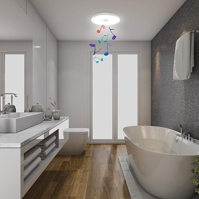 HOREVO Bathroom Ceiling Light Fixture, Waterproof IP65 18W LED Music Ceiling Lamp with Remote Control with Bluetooth Speaker,FCC and UL1598 Certified for Kitchen, Laundry, Hallway. (Need Wired)