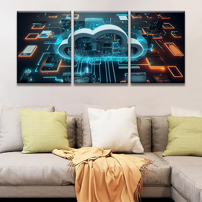 Canvas Art Wall Decor for Bedroom Cloud Technology,Cloud Computing Art Prints Canvas Art Wall Painting Artwork for Walls Canvas Wall Decor Bedroom Wall Decor Framed Ready to Hang 12x16inchx3