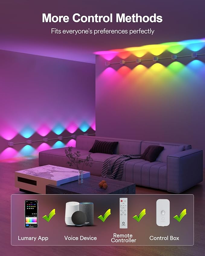 Lumary RGBAICW Smart Wall Sconces, Indoor WiFi Wall Lights for Room Decor, 18.4ft with 14 LEDs Color Changing DIY Light Fixture for Bedroom, Living Room, Party, Compatible with Alexa/Google Assistant