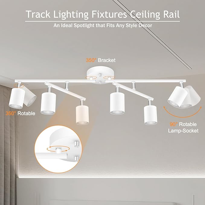 BoostArea 6 Light Track Lighting Kit, White 6 Way Ceiling Spot Lighting, Center Swivel Track Light Heads, Flexibly Rotatable Light Head for Kitchen, Living Room, Bedroom, GU10 Bulb Not Included
