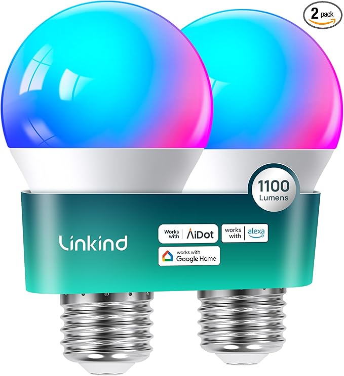 Linkind Smart Light Bulbs, 1100LM (75W Equivalent) Smart Bulb, Work with Alexa & Google Home, RGBTW Color Changing Bulbs Music Sync, 2.4GHz Wi-Fi & Bluetooth, LED Alexa Light Bulbs 11W, A19 E26, 2Pack