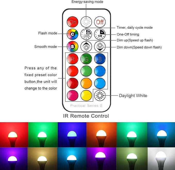 LED Color Changing Light Bulb with Remote Control, 10W E26 RGB+Daylight White 5700K LED Bulbs Dimmable with Memory Function, Ideal Lighting for Home Decoration,Stage,Bar,Party, 2 Pack