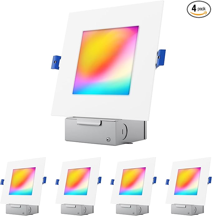 6" LED Smart Slim Recessed Pot Light, Square, WiFi APP & Voice Control, 120V, 13W, 1000LM, RGB + 2700K-6000K, ETL & FCC & IC Rated, Wet Location, Works With Alexa/Google Home, White - 4 Packs