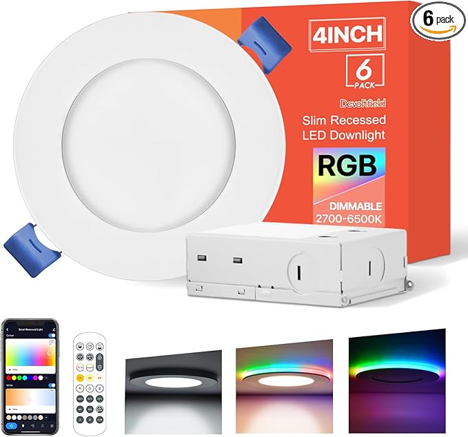 6Pack Smart RGB Recessed Lighting 4Inch,Ultra-Thin Canless LED Downlight,2.4GHz Wi-Fi Bluetooth, 2700K-6500K, 9W 810LM,Work with Tuya App,Alexa,Google Assistant,Sync Music