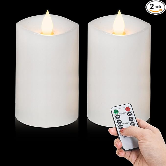 2PCS, 3 x 5 inches Flameless Candle with Remote Control, 3D Flickering Wick, Real Wax Pillar LED Candles, Battery Operated Candles,with Timer,for Holiday Home Decor,White