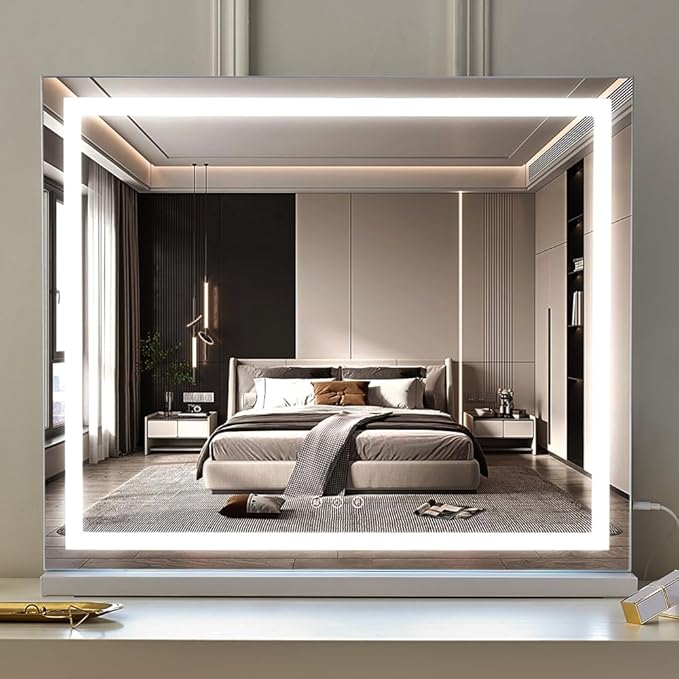 HIEEY Lighted Makeup Mirror, 18.1" x 22.8" Hollywood Vanity Mirror with Lights, Three Color Lighting Modes, with 5X Magnification Mirror, Smart Touch Control, 360°Rotation (White)