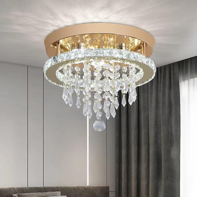 Deckrico Modern Gold Crystal Chandelier 11.8" LED Ceiling Light, Flush Mount Lighting Fixture for Bedroom, Hallway, Kitchen, Dining Room – Cool White
