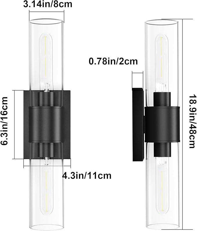 Tipace Black Bathroom Vanity Light Fixtures,Industrial Wall Sconces Clear Glass Wall Lights,Wall Lamp for Bathroom,Living Room, Bedroom,Hallway(Bulb not Include)