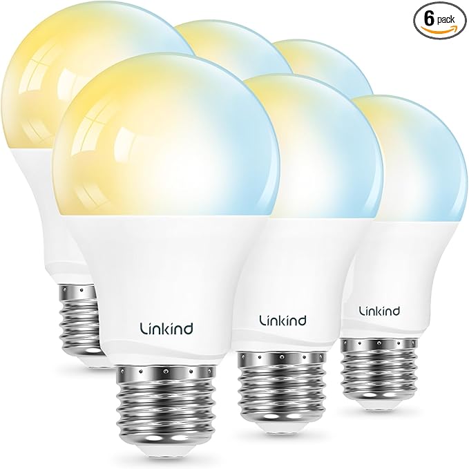 Linkind Smart Light Bulbs 6-Pack A19 E26, Tunable White 2700K-6500K (CRI>90), Compatible with Alexa & Google Home, 2.4GHz Wi-Fi & Bluetooth, 800LM 60W Equivalent