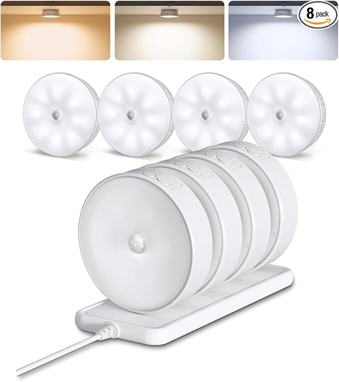 EZVALO 8 Pack Motion Sensor Closet Lights with Charging Station, 1200mAh Rechargeable LED Night Lights, Under Cabinet Lights, Puck Light, Dimmable, 3 Color Temps, Magnetic, Stick on for Kitchen