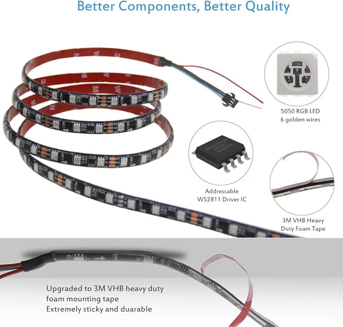 ALITOVE WS2811 RGB-IC Addressable LED Light Strip 16.4ft 300LEDs 12V LED Strip Lights Dream Color Programmable LED Pixel Rope Light Waterproof IP65 with 3M VHB Adhesive Back(No Adapter & Controller)