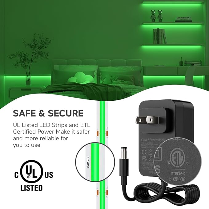 BTF-LIGHTING COB LED Strip Light 24V 16.4FT UL Listed, Green Color Dimmable High Density Flexible Tape Light with RF Remote & ETL Power Adapter, Ultra Bright for Bedroom Kitchen Home Indoor Lighting