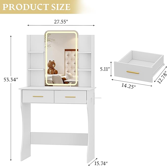 Vanity Desk with LED Lights Mirror & Power Outlet, Small Makeup Vanity Table Set with Storage Drawers, 3 Lighting Modes & Adjustable Brightness, Dressing Table for Women Girls Bedroom, White(NO Stool)
