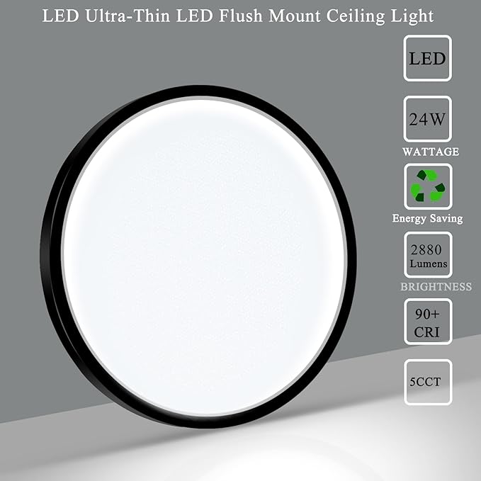 LED Flush Mount Ceiling Light Fixture, 24W 12Inch 3000K/3500K/4500K/5000K/6500K 5 Color Changeable 2880LM Low Profile Ceiling Light for Bedroom, Living Room, Dining Room, Hallway Black