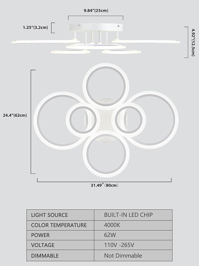 Vikaey Modern LED Flush Mount Ceiling Light, 6 Rings White Close to Ceiling Light Fixtures, Living Room Lighting Fixture Ceiling Lamp for Kitchen, Bedroom, Laundry Room, 4000K Not Dimmable