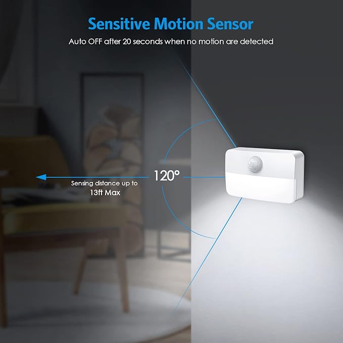 AMIR 4 Pack Mini Motion Sensor Stair Light for Indoor, Battery-Powered LED Night Light, 40 Lumen 6500K, Cordless Closet Lights, Safe Lights for Stairs, Hallway, Bathroom, Kitchen, Cabinet