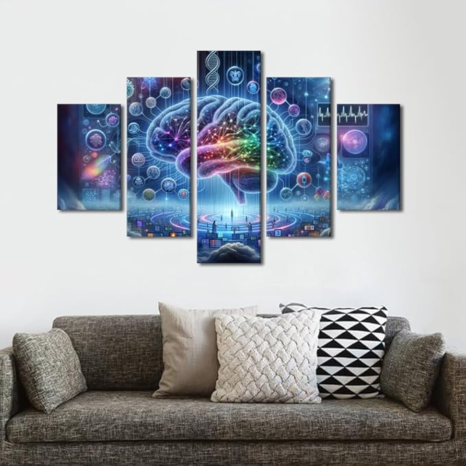 5 Panel Digital Brain in Colour Background Painting Artwork Neural Network Pictures for Living Room Wall Decoration Artificial Intelligence Canvas Printing Wall Art Wall Decor for Bedroom 60"Wx40"H