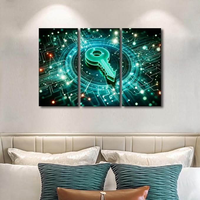 TUMOVO AI Wall Decor 3 Pieces Canvas Wall Art Key Icon on Digital Circuit Board Background Pictures for Home Hotel Wall Decoration, Artificial Intelligence Artwork Ready to Hang, 36" Wx24 H