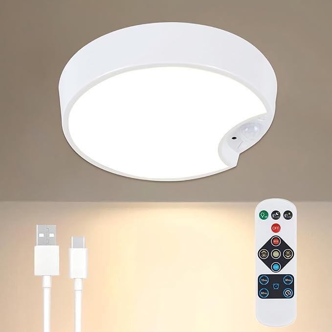 Rechargeable Motion Sensor Ceiling Light: Indoor LED Wireless Ceiling Light with Remote - Cordless Motion Activated Ceiling Lamp with Timer for Closet Hallway Bedroom (Rechargeable)