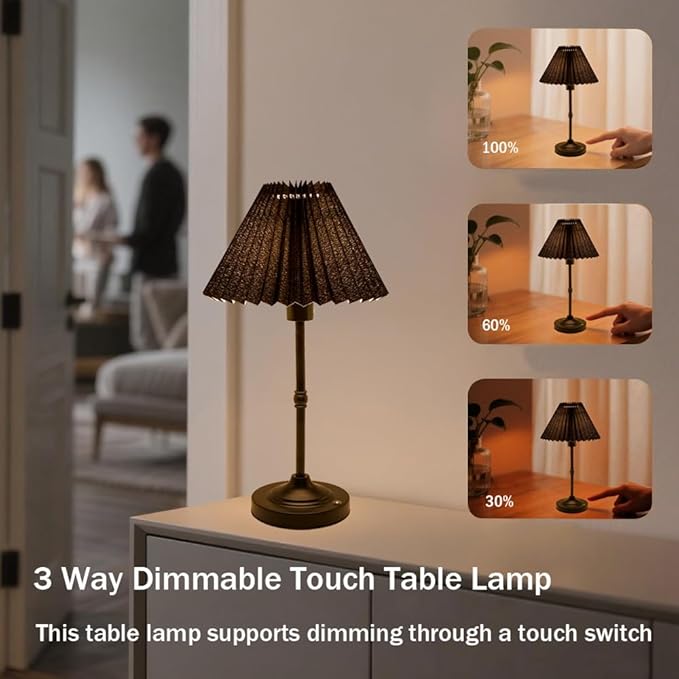Cordless LED Table Lamp with Dimmer, Built-in Rechargeable Battery, 3-Level Brightness, Patio Table Lamp, Bedside Night Lamp, Ambient Light Desk Lamp for Home Decor Restaurant, Gift for Men
