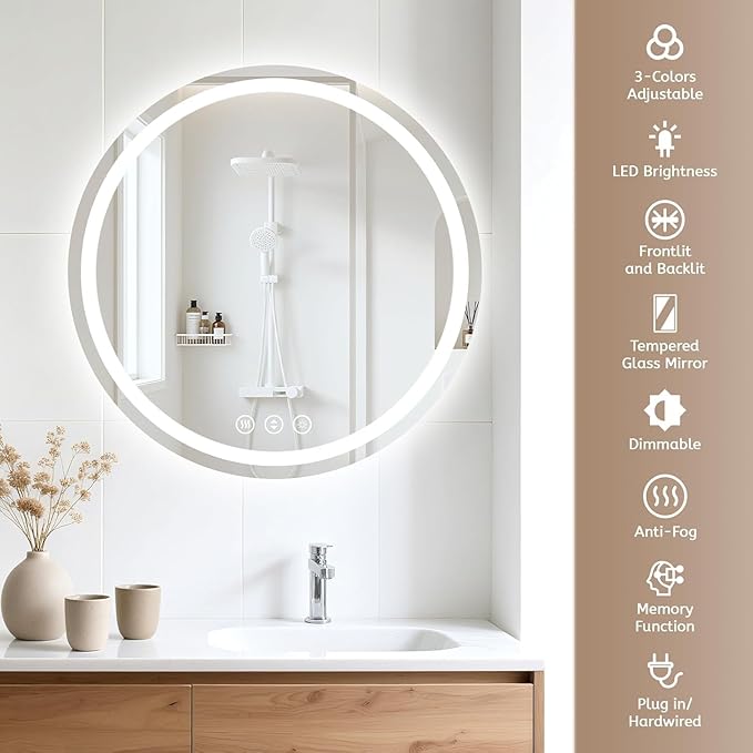 Led Bathroom Mirror with Lights, Anti-Fog & Tri-Color Lighting - Wall Mounted Shaving Mirror with Touch Sensor, Waterproof Smart LED Vanity Mirror Tempered Glass Dimmable (24" L x 24" W)