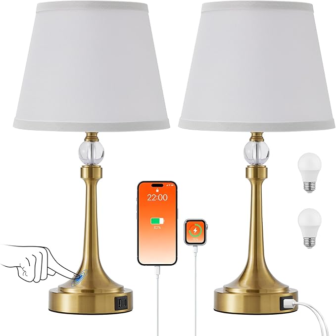 19.7'' Touch Table Lamps for Living Room, Small Lamp for Bedroom with USB C+A Ports, Dimmable Touch Lamps Set of 2, Reading Desk Lamp for Office, Metal Bedside Lamps, Bulbs Included, Gold