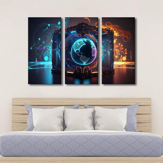 TUMOVO Modern Wall Decor Artificial Intelligence Wall Art 3 Piece Future Energy Power Technology and Internet Connection Canvas Printing Art for Bedroom Living Room Wall Decoration, 42" Wx28 H