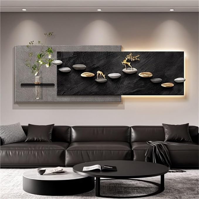 3D Sandstone Texture LED Wall Art with Vase, Plug-in Auspicious Modern Meditation Wall Hanging Sculpture, Minimalism Artwork Decor for Living Room Bedroom Meditation Space(B,120x40cm)