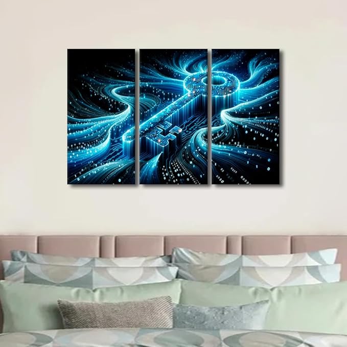 TUMOVO 3 Panel Canvas Wall Art Abstract Cyber Security Concept with Key and Binary Code Pictures Prints, Concepts Artwork for Bedroom Living Room Decoration, Framed Ready to Hang, 36" Wx24 H