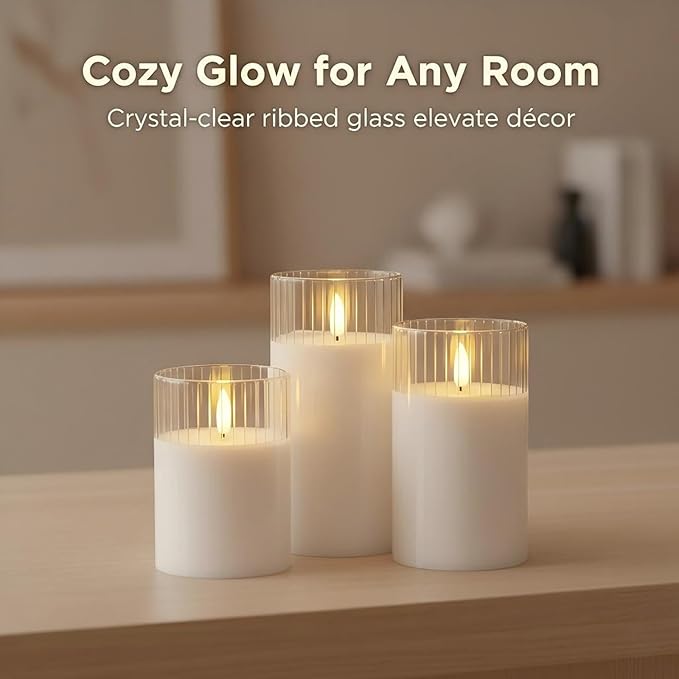 ANGELLOONG White Flameless Candles with Timer, Glass Flickering LED Candle with Remote, Set of 3 Battery Operated Pillar Candles for Bathroom Bathtub Home Decor Wedding Birthday Decoration