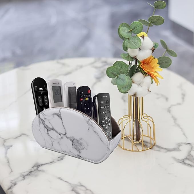 Leather Remote Control Holder with 5 Compartments TV Remote Caddy Store Box,Desktop Organizer for Controller, Glasses and Media Player,Pen Storage (White)