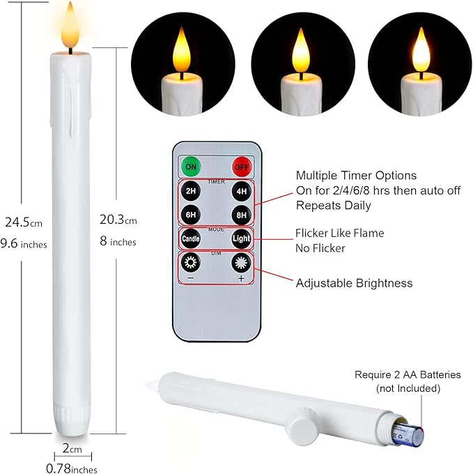 Homemory 48 Pcs Plastic Flameless Taper Candles with Remote Timer Dimmer, Taper Candles Battery Operated with Flickering Light, White Led Candlesticks for Wedding Party Holiday Decoration 9.6 Inches