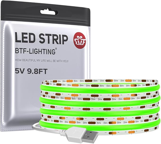 BTF-LIGHTING FCOB USB Powered Green Color COB LED Strip Lights 9.8FT 960LEDs 5V 8mm Width 90+ High CRI Ultra Bright Flexible Light for TV Backlight Display Cabinet PC DIY Decor
